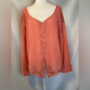 100% Cotton Floral Embroidered Button Up Down Tunic Blouse Lace Giselle Peach L